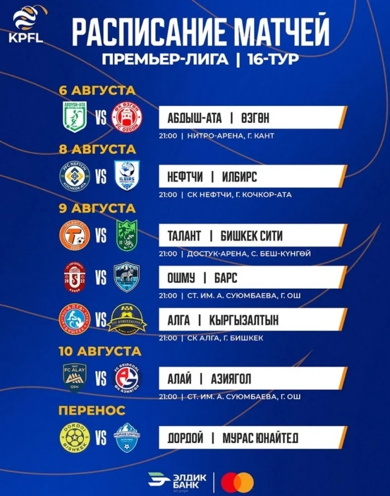 КПЛ-2025: Стартует 16-й тур чемпионата Кыргызстана по футболу