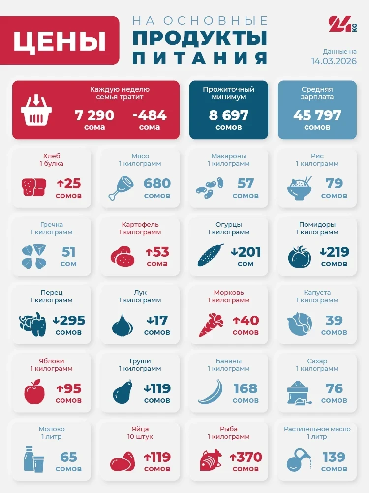 Продуктовая корзина Бишкека на 14 марта. Что подорожало больше всего